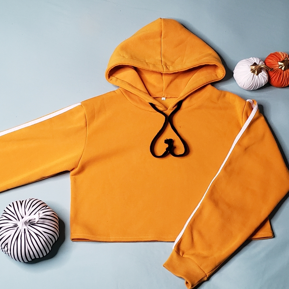 Orange fleece lined crop hoodie with long sleeved stripes. Women's size Medium.